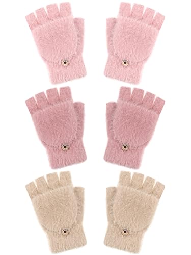 Geyoga 3 Pack Fingerlose Handschuhe Winter Thermohandschuhe Flip Warme Wandelbare Fäustlinge für Frauen(Beige, Rosa, Rot,5–10 Jahre) von Geyoga