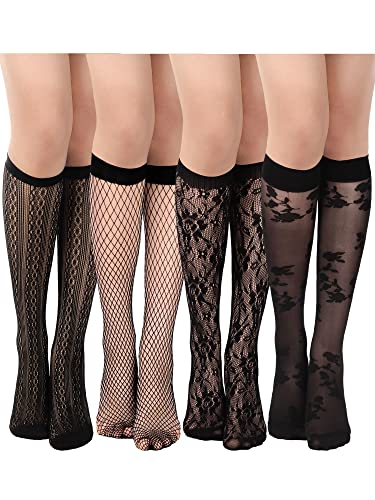 Geyoga 4 Paar Damen Netz Kniestrümpfe Ausgehöhlte Frauen Netzstrümpfe Nylon Netzsocken (Stilvoller Stil, Einheitsgröße) von Geyoga