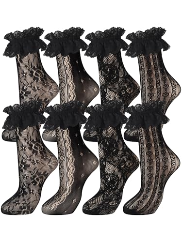 Geyoga 4 Paar Damen Spitzen Söckchen Rüschen Netz Knöchelhohe Socken (Süßes Schwarz, M) von Geyoga
