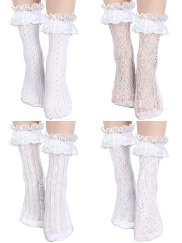 Geyoga 4 Paar Damen Spitzen Söckchen Rüschen Socken Netz Spitze Socken Knöchelhohe Socken (Weiß, M) von Geyoga