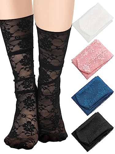 Geyoga 4 Paar Damen Spitzensocken Rüschen Rüschen Knöchelsocken Mesh Spitze Lose Socken Slouch Socken Knöchelhohe Socken für Frauen, Schwarz, Weiß, Grau, Hellrosa, Einheitsgröße von Geyoga