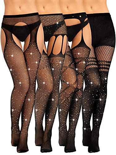 Geyoga 4 Paar Strass Straps Strümpfe Schwarz Fischnetz Strumpfhose Netzstrümpfe Hohe Taille Spitze Netzstrumpfhosen für Damen von Geyoga