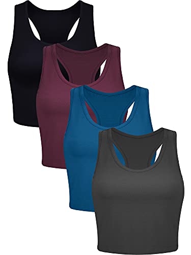 Geyoga 4 Stück Damen Crop Tank Tops (Dunkelrot, Dunkelblau, Schwarz, Dunkelgrau, L) von Geyoga