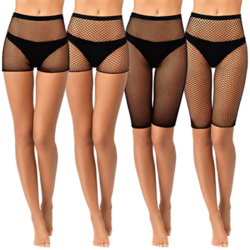 Geyoga 4 Stück Fischnetz-Shorts, Fischnetz, Biker-Shorts, hohe Taille, durchsichtig, elastische Netz-Shorts für Damen, 4 Stile, Schwarz, Einheitsgröße von Geyoga