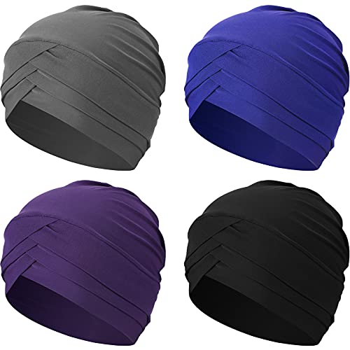 Geyoga 4 Stück Damen-Turban, Chemo-Kopfbedeckung, Krebshut, Kopfbedeckung, dehnbare Turban-Kappe, Beanies, Schlafmütze, Schwarz, Königsblau, Lila, Grau, Medium von Geyoga