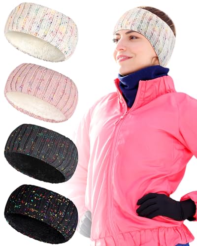 Geyoga 4 Stück Winter-Stirnbänder für Damen, gestrickt, Ohrenwärmer, gestrickt, Kopfwickel mit Plüschfutter für kaltes Wetter (modische Farbe) von Geyoga