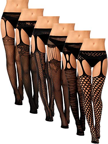Geyoga 6 Paar Damen Netzstrümpfe Schwarze Spitze Netzstrumpfhose Ouvert Muster Strumpfhosen für Halloween Frauen (Klassischer Stil) von Geyoga