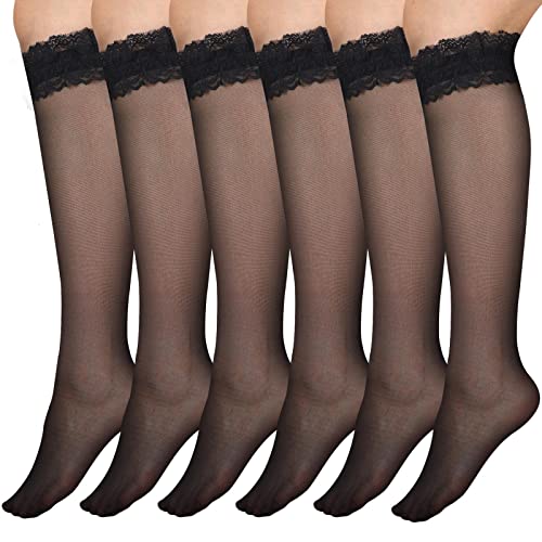 Geyoga 6 Paar Damen Spitze Kniestrümpfe, Atmungsaktive Pop Socken, 15 DEN Spitzen Oberseite Transparente Feinkniestrümpfe (Schwarz) von Geyoga