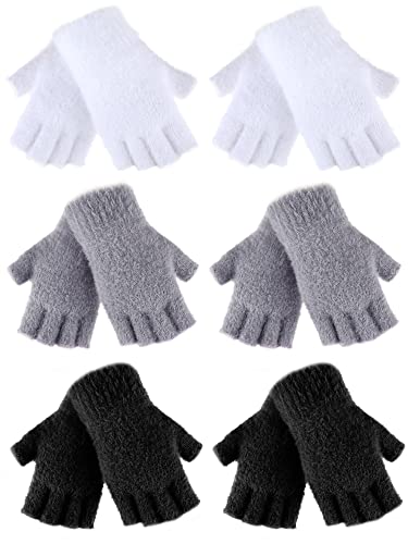 Geyoga 6 Paar Flaumige Fingerlose Handschuhe Halbfinger Handschuhe mit Fingerlöchern für Damen (Schwarz, Weiß, Grau, Koralle Vlies) von Geyoga