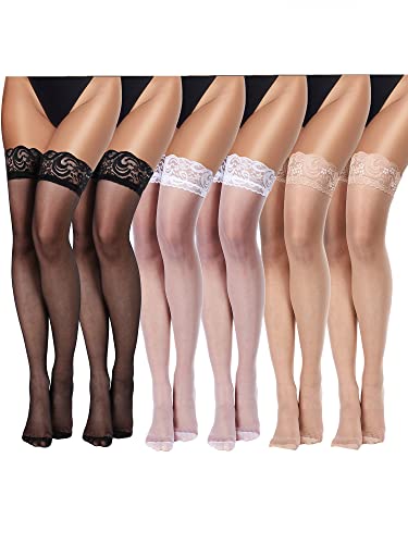 Geyoga 6 Paar Halterlose Strümpfe Damen Oberschenkel Hohe Strumpf Silikon Spitze Top Strümpfe Seidige Strumpfhose für Damen Mädchen (Schwarz, Weiß, Hautfarbe) von Geyoga