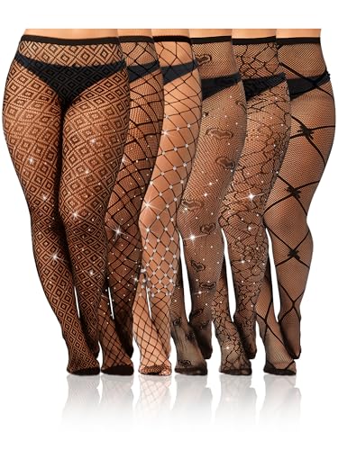 Geyoga 6 Paar Netzstrümpfe für Damen Übergröße Hohe Strümpfe mit Strasssteinen Hohe Taille Strumpfhose(XL-4XL) von Geyoga