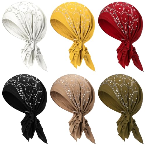 Geyoga 6 Stück Chemo Kopftücher Damen Turban Mützen Krebs Kopfbedeckung Haarausfall Bandanas (Zarte Farbe, Strass Stil) von Geyoga