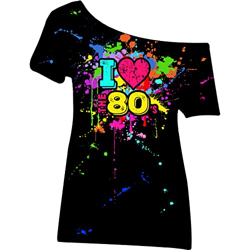 Geyoga 80er Jahre Outfit für Damen Übergröße I Love The 80's Kostüme 80er Jahre Off Shoulder T-Shirt Tops Neon Kleidung Oversized, Schwarz, 3X-Groß von Geyoga