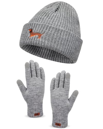 Geyoga Dackel Motiv Geschenke für Frauen Mütze Handschuh Sets Warme Strickmütze Winter Beanie Mütze Strickhandschuhe Fleecehandschuhe Geschenk für Hundebesitzer(Grau,Dackel) von Geyoga