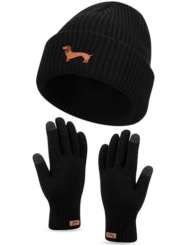 Geyoga Dackel Motiv Geschenke für Frauen Mütze Handschuh Sets Warme Strickmütze Winter Beanie Mütze Strickhandschuhe Fleecehandschuhe Geschenk für Hundebesitzer(Schwarz Dackel) von Geyoga