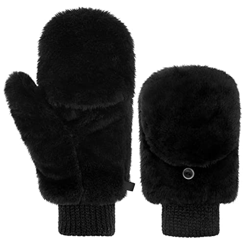 Geyoga Damen Fäustlinge Pelz Winter Handschuhe Warme Kunstpelz Handschuhe mit Flip Weiche Fell Fingerlose Handschuhe (Schwarz) von Geyoga