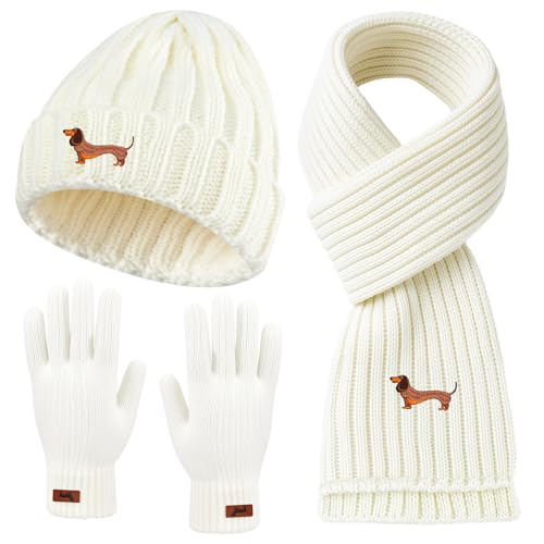 Geyoga Damen Mütze Schal Handschuhe Set Dackel Geschenke Hundeliebhaber Geschenke für Damen Weiße Handschuhe Warmer Langer Schal Weiche Strick Dackel Mütze Dachshund Geschenke für Kaltes Wetter von Geyoga