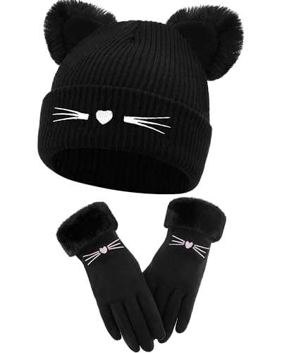 Geyoga Damen Warme Wintermütze mit Süßen Katzenohren und Warme Handschuhen Set Strickmütze Gehäkelte Geflochtene Mütze und Handschuhe für Frauen Weihnachten Valentinstag(Schwarz,Klassischer Stil) von Geyoga
