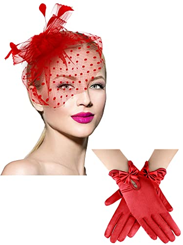 Geyoga Fascinator-Hut für Damen, 50er-Jahre-Fascinator-Hut für Beerdigung, Schleier, Pillbox, Cocktail, Teeparty, Kopfbedeckung und Spitzenhandschuh, Rot/Ausflug, einfarbig (Getaway Solids), Medium von Geyoga