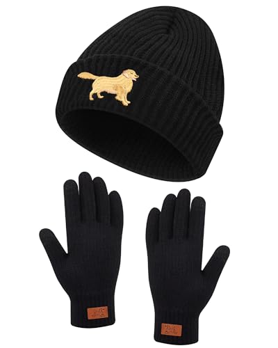 Geyoga Mütze und Handschuhe Set für Frauen Damen Winter Warm Strickmütze Beanie Wolle Strickhandschuhe Geschenke für Hundebesitzer(Golden Retriever) von Geyoga
