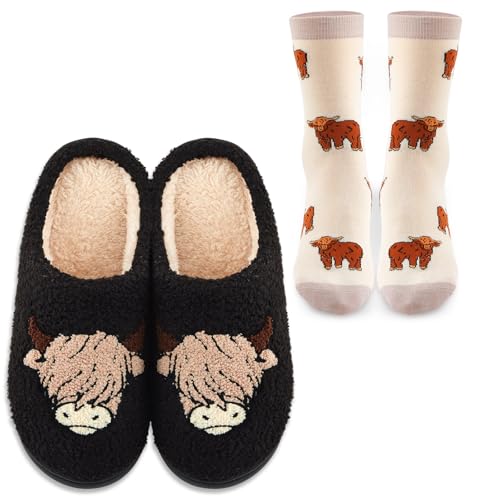 Geyoga Highland Cow Gifts for Woman, Highland Cow Fuzzy Slippers Soft Thermal Socks for Ladies Winter Christmas, Schwarz , Medium von Geyoga