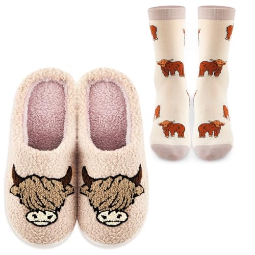 Geyoga Highland Cow Gifts for Woman, Highland Cow Fuzzy Slippers Soft Thermal Socks for Ladies Winter Christmas, khaki, Small Breit von Geyoga