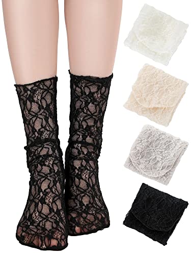 Geyoga Mesh Spitze Lose Socken 4 Paar Mesh Socken für Frauen (Schwarz, Weiß, Grau, Aprikose) von Geyoga