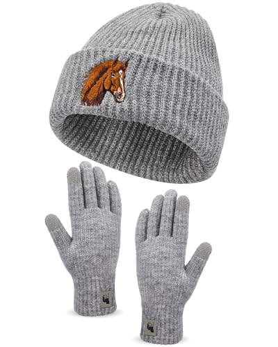 Geyoga Pferd Motiv Geschenke für Frauen Mütze Handschuh Sets Warme Strickmütze Winter Beanie Mütze Strickhandschuhe Fleecehandschuhe Geschenk für Pferdeliebhaber(Grau, Pferd) von Geyoga