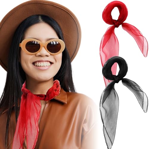 Geyoga 2 Stück Quadrat Chiffon Retro Schal Leichtes Halstuch Seiden Chiffon Halstuch für Mädchen Frauen 50er Jahre Kopftuch(Schwarz, Rot) von Geyoga