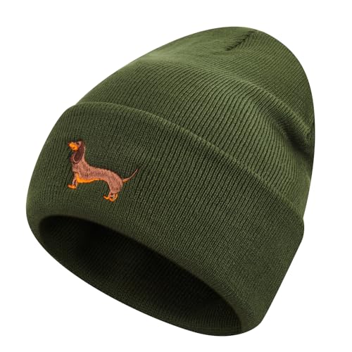 Geyoga Warme Weiche Wintermütze Winter Beanie Mütze Strickmütze mit Stickerei Kalte Mütze mit Hundestickerei Geschenk Strickmütze für Hundebesitzer(Armeegrün,Mode Dackel) von Geyoga