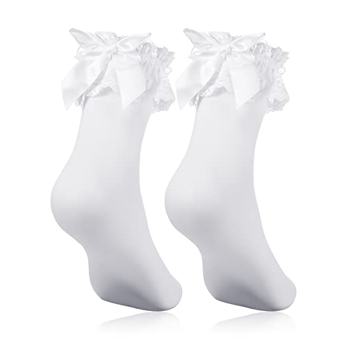 Geyoga Weiß Rüschen Socken Damen Weiß Spitze Socke mit Schleife Prinzessin Socken von Geyoga