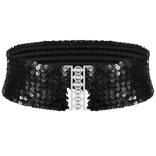 Pailletten Breite Gürtel Damen Metall Schnallen Glänzender Taillengürtel(Schwarz) von Geyoga