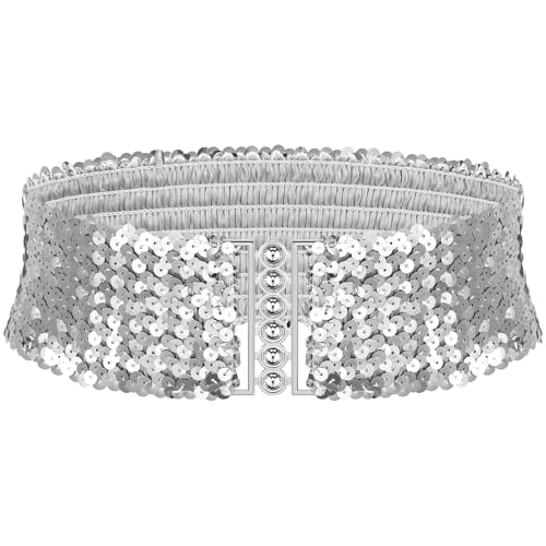 Pailletten Breite Gürtel Damen Metall Schnallen Glänzender Taillengürtel (Silber) von Geyoga