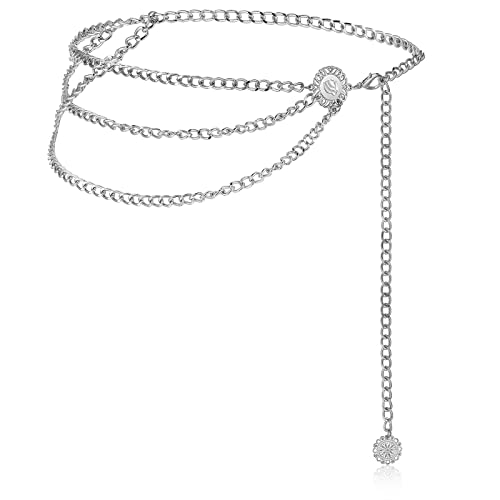 Taillenkette Gürtel Damen Mehrschichtig Bauchkette Gürtel Verstellbare Kettengürtel Körperkette Schmuck (Silber, 51,2 Zoll) von Geyoga