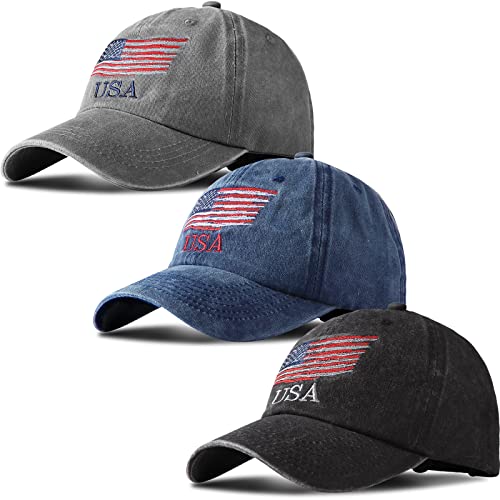 USA-Flaggenhut, amerikanische Flagge, Baseballkappe, USA, taktische Mütze, gewaschen, Used-Look, Hüte für Herren, Damen, Teenager (Marineblau, Schwarz, Grau, 3 Stück) von Geyoga