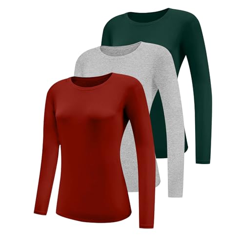 Geyuwoz 3er Pack Damen Langarmshirt Baumwolle Oberteile mit Rundhalsausschnitt Damen Langarm Tshirt Casual Bluse Rundhals Tops Longsleeve Eng Dunkelgrün Grau Rot GGHA XXL von Geyuwoz