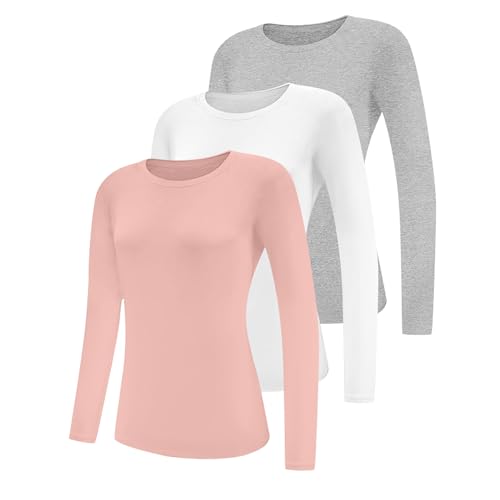 Geyuwoz 3er Pack Damen Langarmshirt Baumwolle Oberteile mit Rundhalsausschnitt Damen Langarm Tshirt Casual Bluse Rundhals Tops Longsleeve Eng Grau Weiß Pink GWP XXL von Geyuwoz
