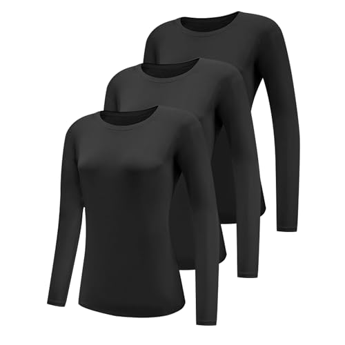 Geyuwoz 3er Pack Damen Langarmshirt Baumwolle Oberteile mit Rundhalsausschnitt Damen Langarm Tshirt Casual Bluse Rundhals Tops Longsleeve Eng Schwarz BL M von Geyuwoz