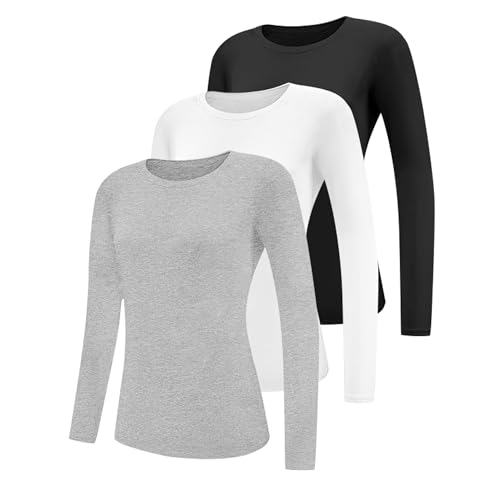 Geyuwoz 3er Pack Damen Langarmshirt Baumwolle Oberteile mit Rundhalsausschnitt Damen Langarm Tshirt Casual Bluse Rundhals Tops Longsleeve Eng Schwarz Weiß Grau BWG XXL von Geyuwoz