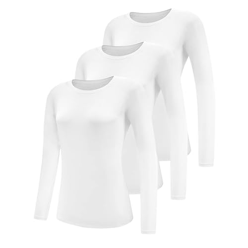 Geyuwoz 3er Pack Damen Langarmshirt Baumwolle Oberteile mit Rundhalsausschnitt Damen Langarm Tshirt Casual Bluse Rundhals Tops Longsleeve Eng Weiß WH XXL von Geyuwoz