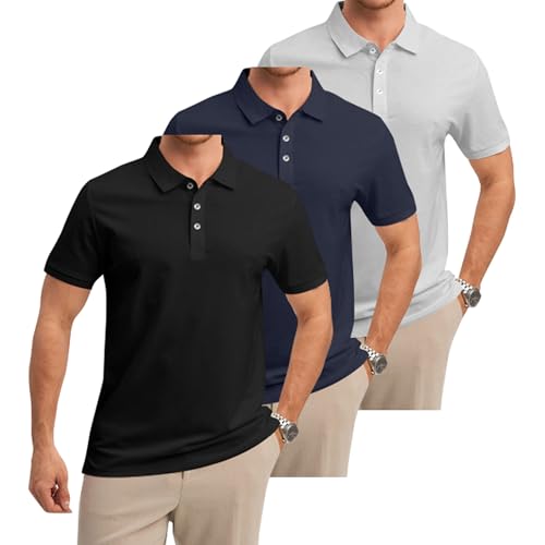 Geyuwoz 3er Pack Poloshirt Herren Kurzarm Leicht T-Shirt Atmungsaktives Golf Polo Shirt Männer Sommer Shirts Polohemd für Herren Sport Outdoor Schwarz Dunkelblau Hellgrau BGB M von Geyuwoz