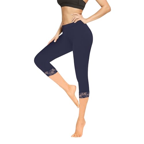 Geyuwoz Leggings Damen 3/4 High Waist Capri Leggins Blickdicht Caprihose Sommer Baumwolle Leggings mit Spitze Sporthose Leggins 7/8 für Damen Yoga Gym Marineblau MBU XXL von Geyuwoz