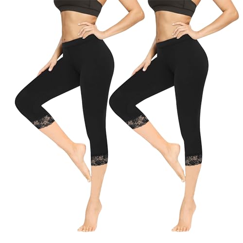 Geyuwoz Leggings Damen 3/4 High Waist Capri Leggins Blickdicht Caprihose Sommer Baumwolle Leggings mit Spitze Sporthose Leggins 7/8 für Damen Yoga Gym Schwarz 2er Pack BL M von Geyuwoz