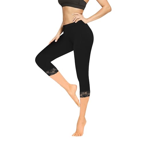 Geyuwoz Leggings Damen 3/4 High Waist Capri Leggins Blickdicht Caprihose Sommer Baumwolle Leggings mit Spitze Sporthose Leggins 7/8 für Damen Yoga Gym Schwarz BL L von Geyuwoz