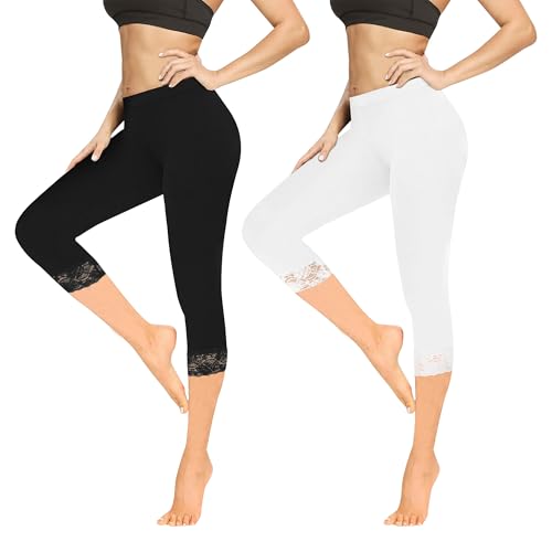 Geyuwoz Leggings Damen 3/4 High Waist Capri Leggins Blickdicht Caprihose Sommer Baumwolle Leggings mit Spitze Sporthose Leggins 7/8 für Damen Yoga Gym Schwarz Weiße 2er Pack BW M von Geyuwoz