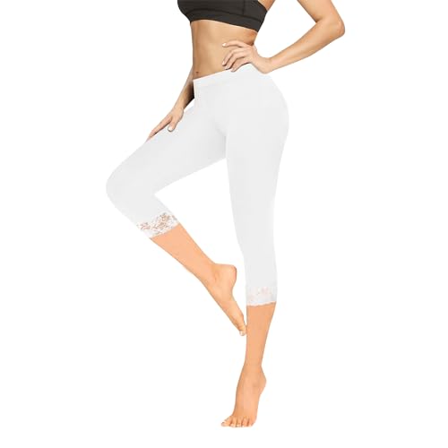 Geyuwoz Leggings Damen 3/4 High Waist Capri Leggins Blickdicht Caprihose Sommer Baumwolle Leggings mit Spitze Sporthose Leggins 7/8 für Damen Yoga Gym Weiße WH M von Geyuwoz