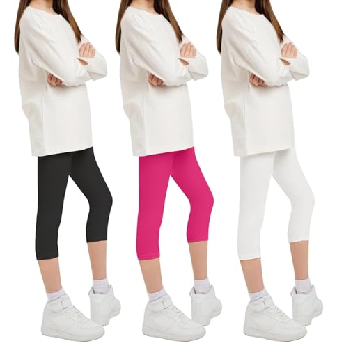 Geyuwoz Leggings Mädchen 3/4 Caprihose Sommer Mädchen Sporthose Baumwolle Capri Leggings Kinder Atmungsaktiv Weich 3er Pack BWR 158-164 von Geyuwoz