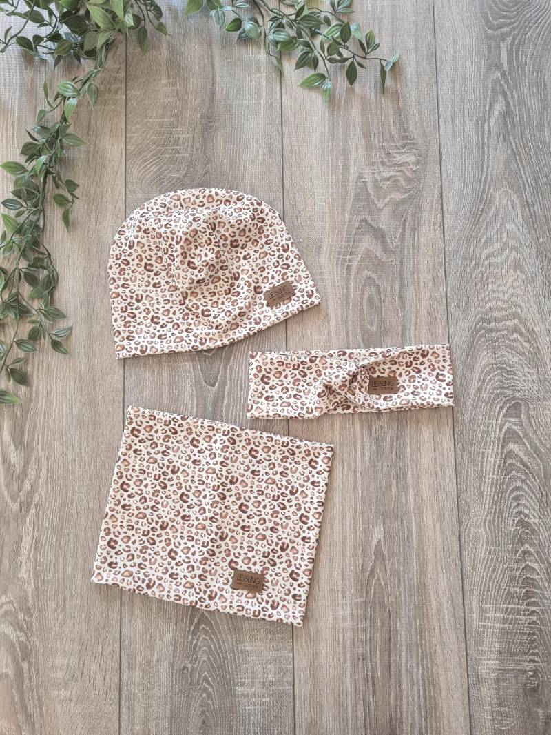 Beanie Mütze Haarband & Loop Leo Animal Print Halssocke Doppellagig Aus Jersey Für Frühling Sommer Herbst von Gezeiten