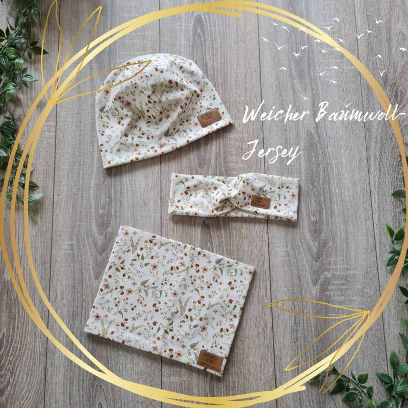 Kinder Beanie Mütze Haarband & Loop Halssocke Doppellagig Jersey Schal Frühling Sommer Creme Kleine Blumen Baby Mädchen Gezeiten von Gezeiten