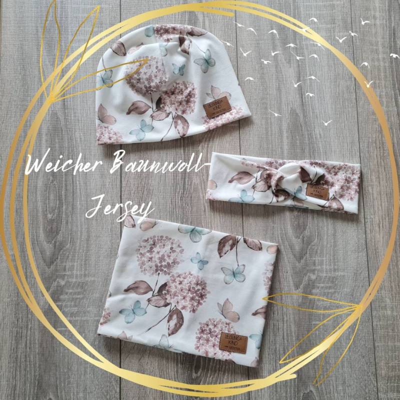 Kinder Beanie Mütze Haarband & Loop Halssocke Doppellagig Jersey Schal Frühling Sommer Creme Schmetterling Blumen Baby Mädchen Gezeiten von Gezeiten